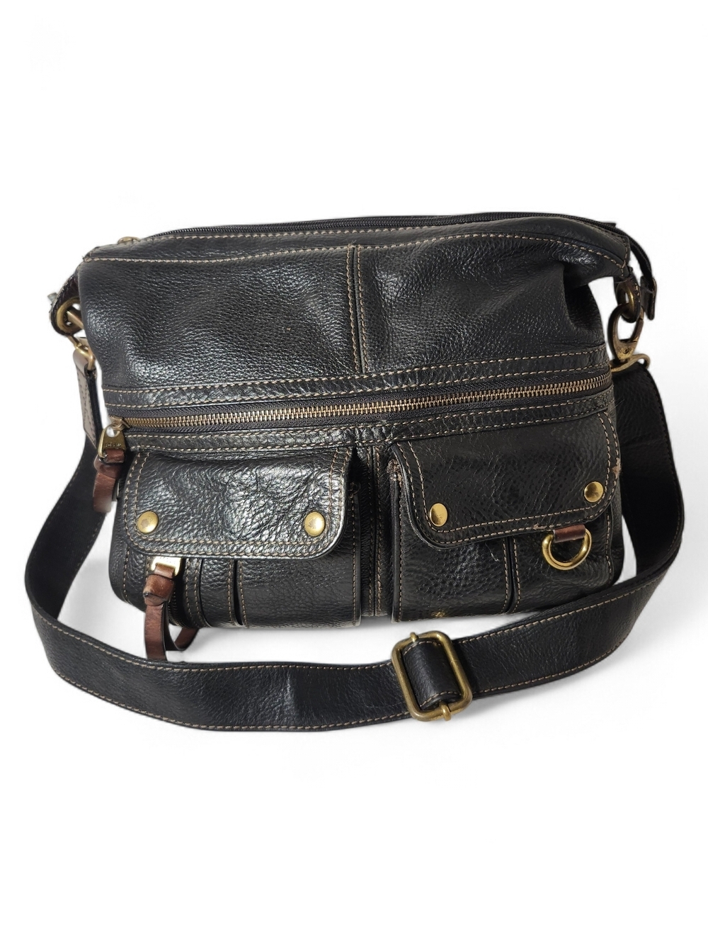 Fossil Black Pebble Leather Morgan Traveler Shoulder Bag with Brass Accents